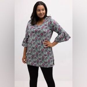 Ulla Popken Gray & Berry Floral Print 3/4 Ruffle Bell Sleeve Tunic Blouse 28/30